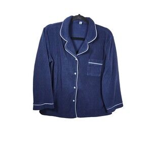 Mon Monde Womens L Blue Fleece Long Sleeve Button Up Sleepwear Shirt